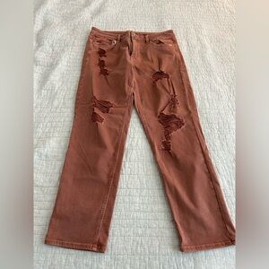 American Eagle Outfitters Brown Straight Leg Jeans with Distressed Design